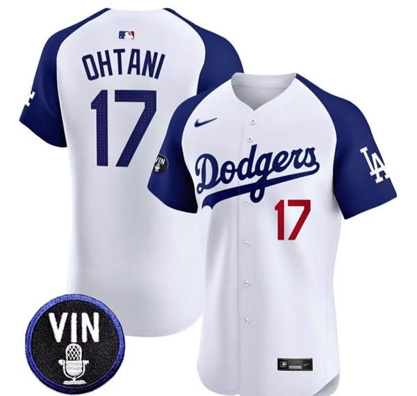 Men's Men's Los Angeles Dodgers #17 Shohei Ohtani White Vin Scully Patch Stitched Jersey